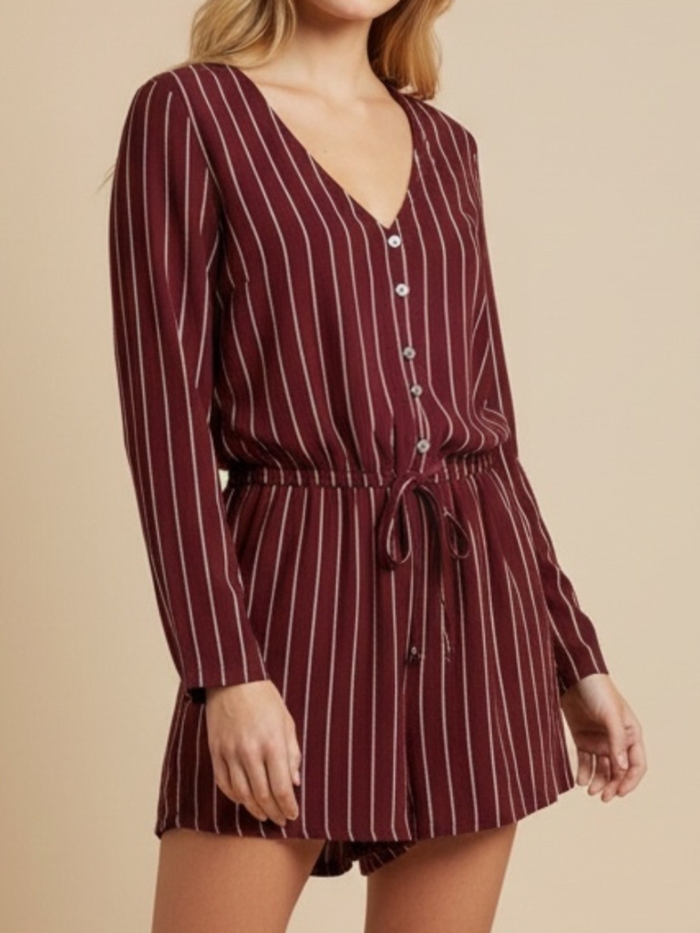 Hollister Maroon Vertical Striped Long Sleeve Button Front Romper Size Medium